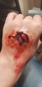 fx makeup, sfx, prosthetic, exit wound